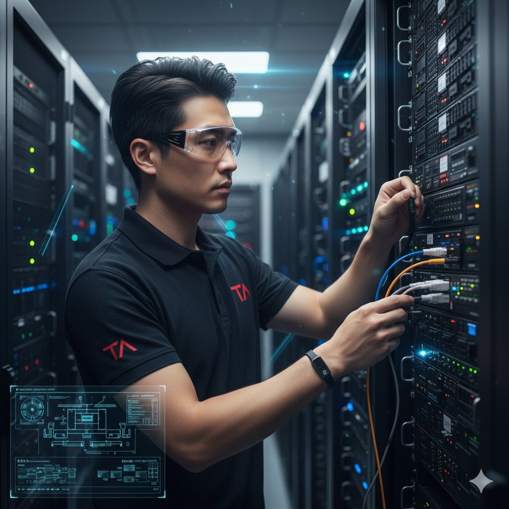A technician working in a server room